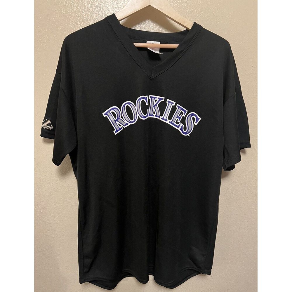Majestic Colorado Rockies Black Jersey Shirt MLB Baseball Logo‎ Screen Print XL